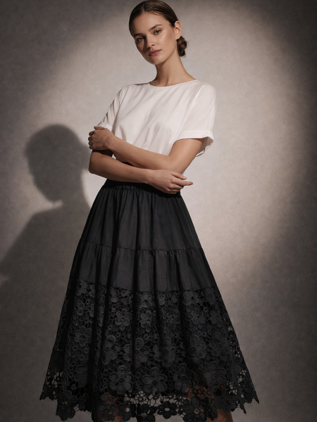 Tiered Lace Hem Midi Skirt
