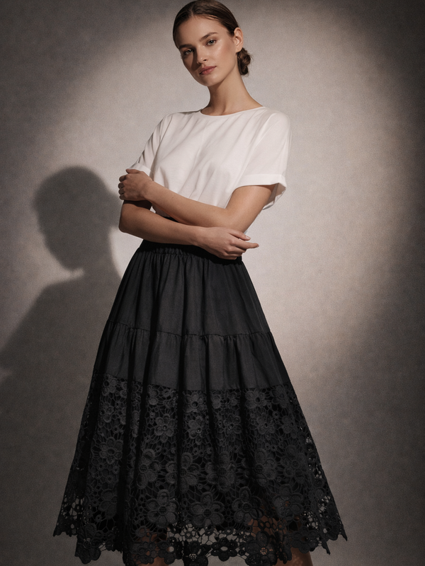 Tiered Lace Hem Midi Skirt