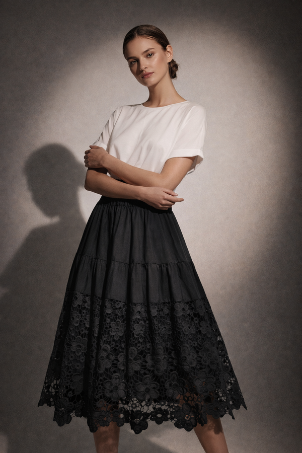 Tiered Lace Hem Midi Skirt