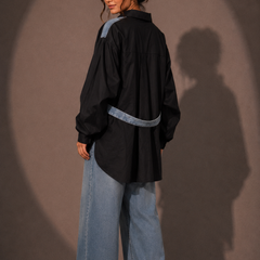 Contrast Panel Denim Shirt with Waist Tie