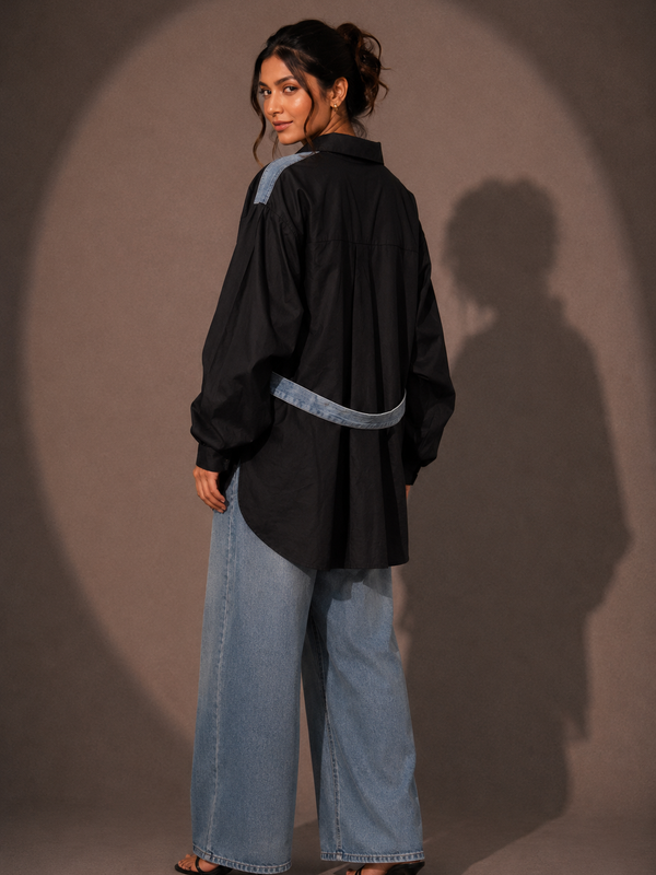 Contrast Panel Denim Shirt with Waist Tie