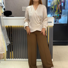 Wrap-Front Satin Blouse with Floral Appliqué