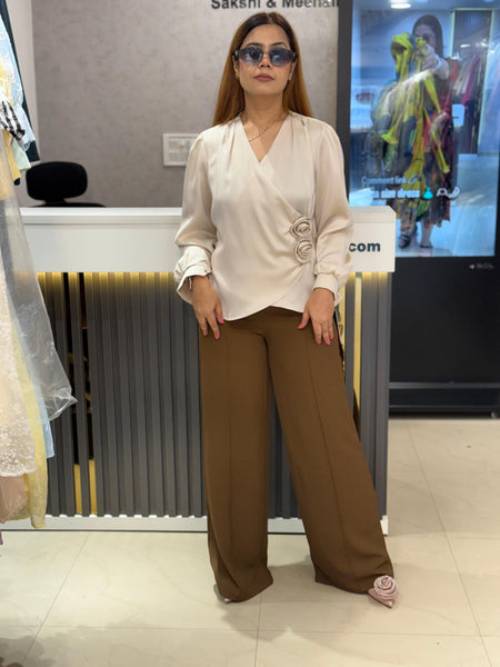 Wrap-Front Satin Blouse with Floral Appliqué