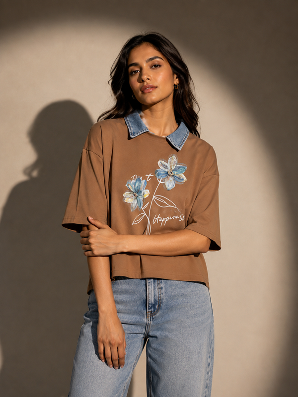 Floral Denim Collar T-Shirt