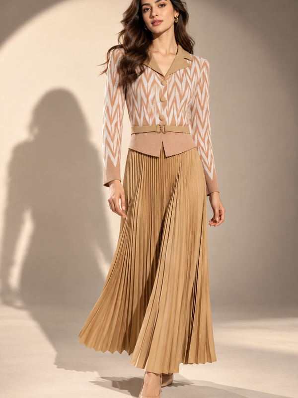 Pleated Knit Belted Maxi Dress