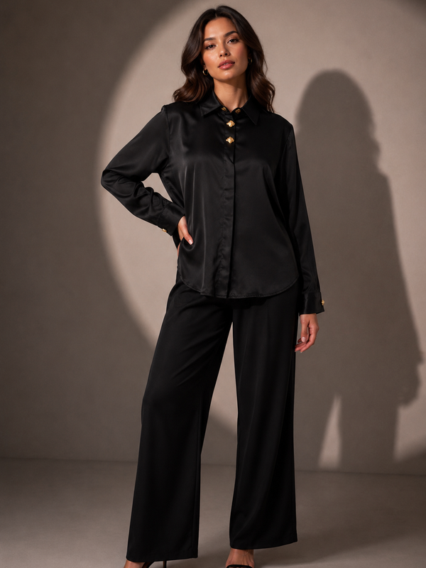 Satin Shirt with Statement Button Detail