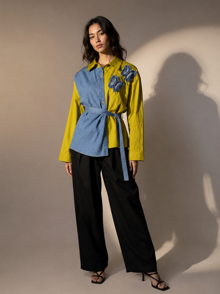 Contrast Panel Belted Shirt