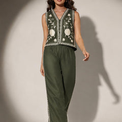 Embroidered Sleeveless Waistcoat & Wide-Leg Trouser Set