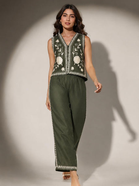 Embroidered Sleeveless Waistcoat & Wide-Leg Trouser Set