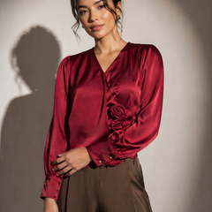 Wrap-Front Satin Blouse with Floral Appliqué