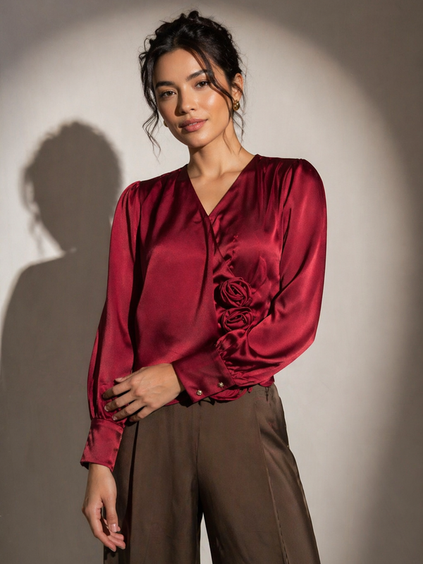 Wrap-Front Satin Blouse with Floral Appliqué