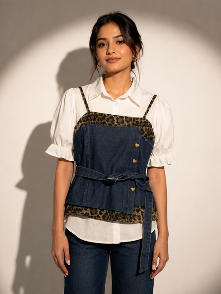 Layered Denim Corset Top with Shirt