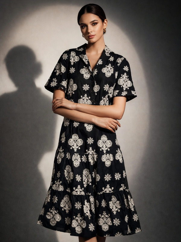 Printed Tiered Mini Dress with Buttoned Top