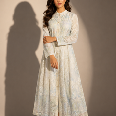 Printed Lace Shirt Maxi Dress with Beaded Waist Belt