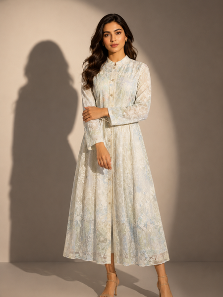 Printed Lace Shirt Maxi Dress with Beaded Waist Belt