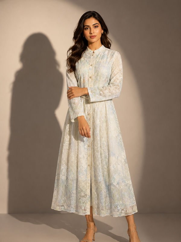 Printed Lace Shirt Maxi Dress with Beaded Waist Belt