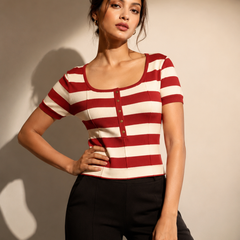 Striped Ribbed Button Knit Top
