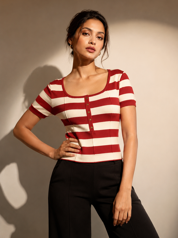 Striped Ribbed Button Knit Top