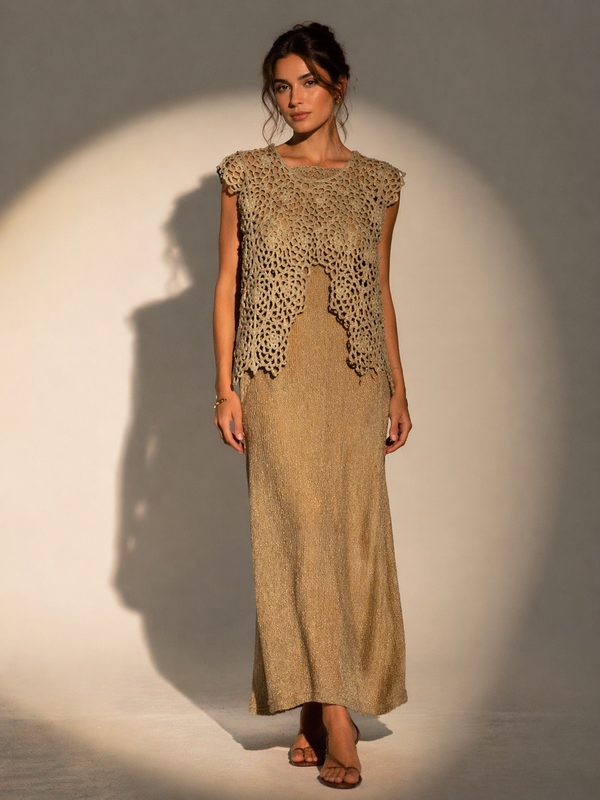 Textured Crochet Overlay Midi Dress