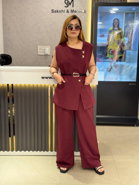 Structured Linen Blend Top with Belted Waist & Straight-Leg Trousers Set