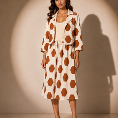 Geometric Print Midi Dress with Cropped Jacket