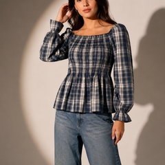 Smocked Check Peplum Top