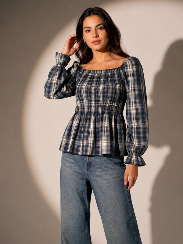 Smocked Check Peplum Top