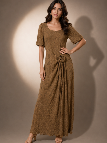 Textured Maxi Dress with Floral Waist Detail