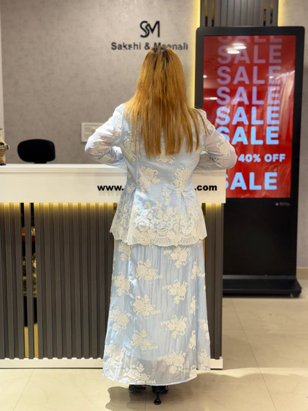 Embroidered Sheer Peplum Top and Flowing Skirt Set
