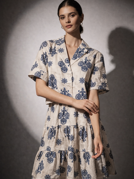 Printed Tiered Mini Dress with Buttoned Top
