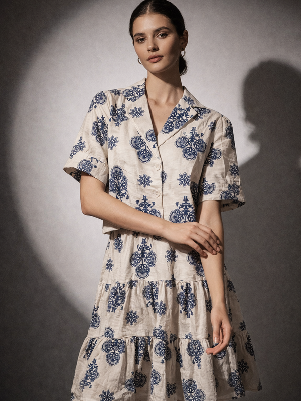 Printed Tiered Mini Dress with Buttoned Top