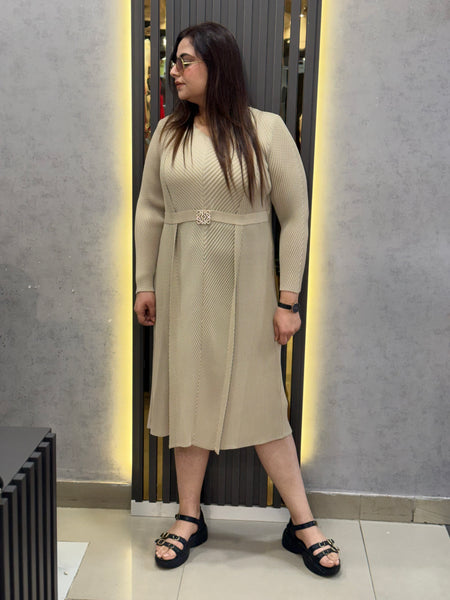 Textured Pleated Belted Midi Dress