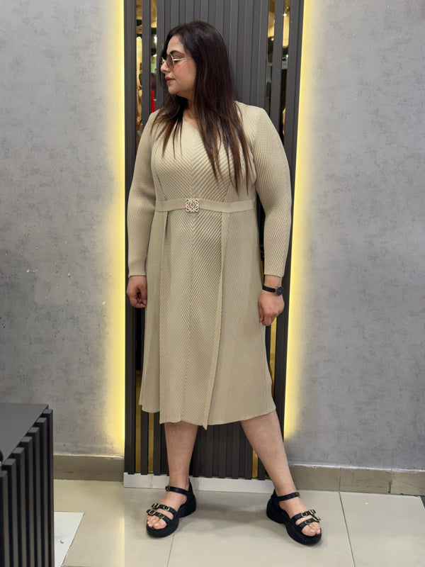 Textured Pleated Belted Midi Dress