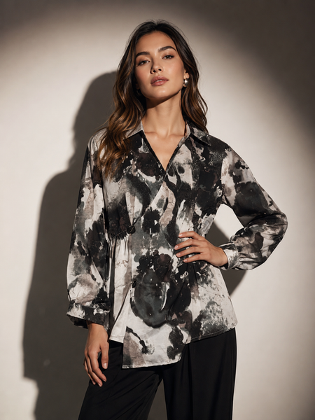 Abstract Print Wrap-Front Tunic Top