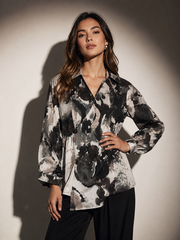 Abstract Print Wrap-Front Tunic Top
