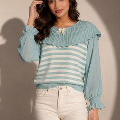Striped Knit Top with Cape Collar Detail