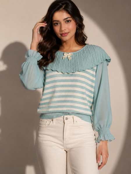 Striped Knit Top with Cape Collar Detail