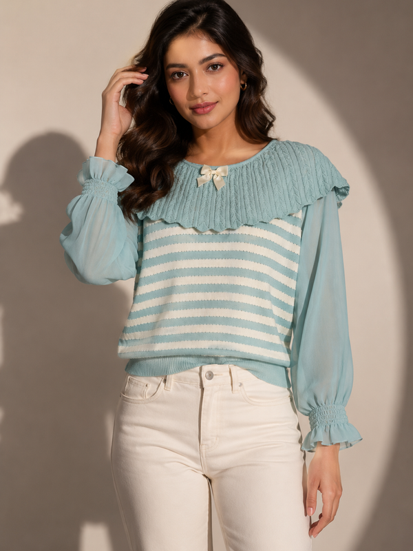 Striped Knit Top with Cape Collar Detail