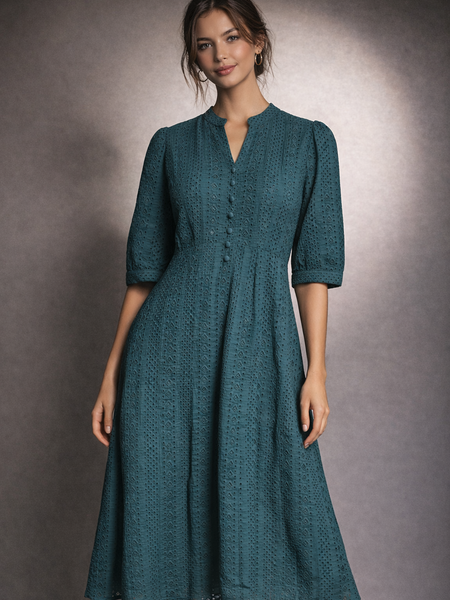 Broderie Midi Dress with Button Detail
