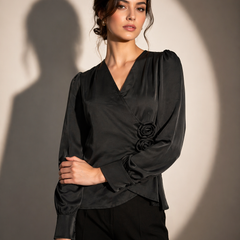 Wrap-Front Satin Blouse with Floral Appliqué