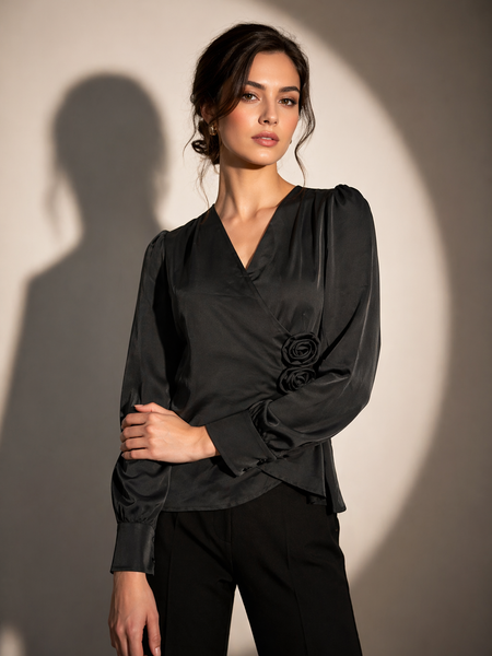 Wrap-Front Satin Blouse with Floral Appliqué