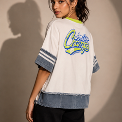 Patchwork Denim Panel Graphic T-Shirt
