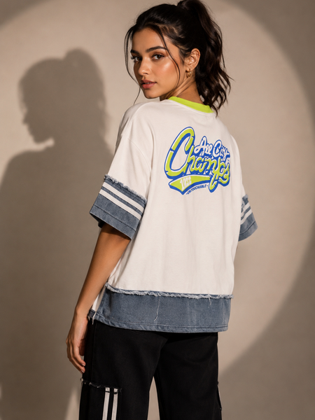 Patchwork Denim Panel Graphic T-Shirt