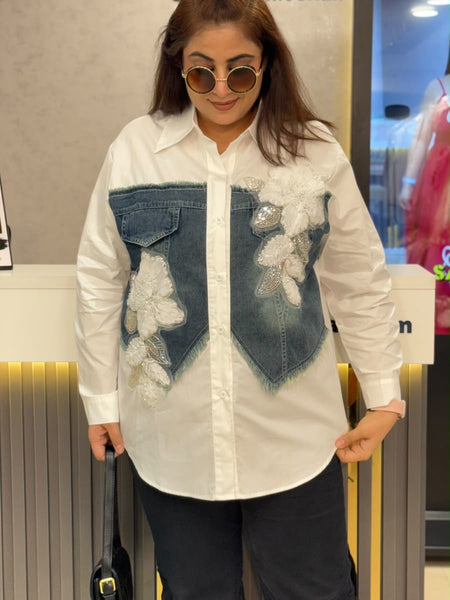 Embellished Denim Panel Shirt