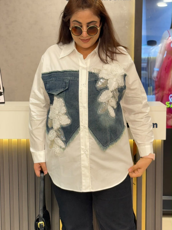 Embellished Denim Panel Shirt