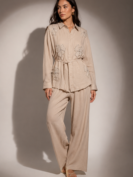 FLORAL APPLIQUÉ SHIRT AND TROUSERS CO-ORD SET