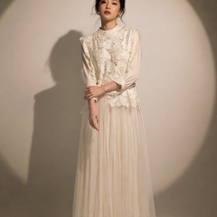 Lace Overlay Pleated Midi Dress with Belt