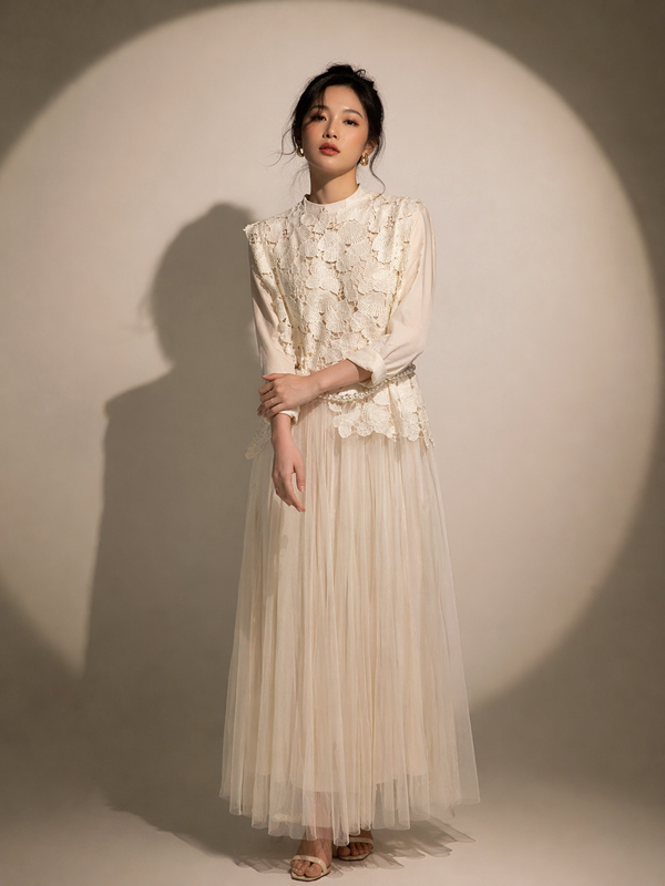 Lace Overlay Pleated Midi Dress with Belt