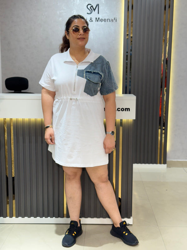 Contrast Panel Zip-Up Dress with Utility Pocket