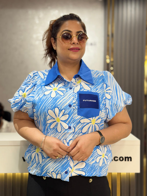 Floral Print Cropped Shirt with Contrast Collar